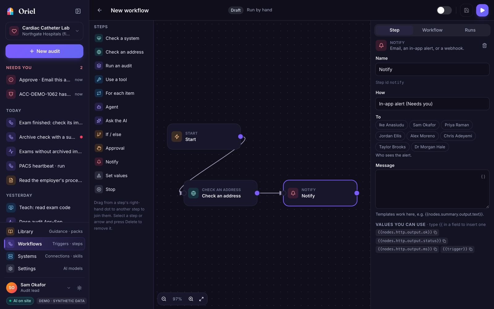Oriel workflow editor with a start trigger, a system check step and a notify step